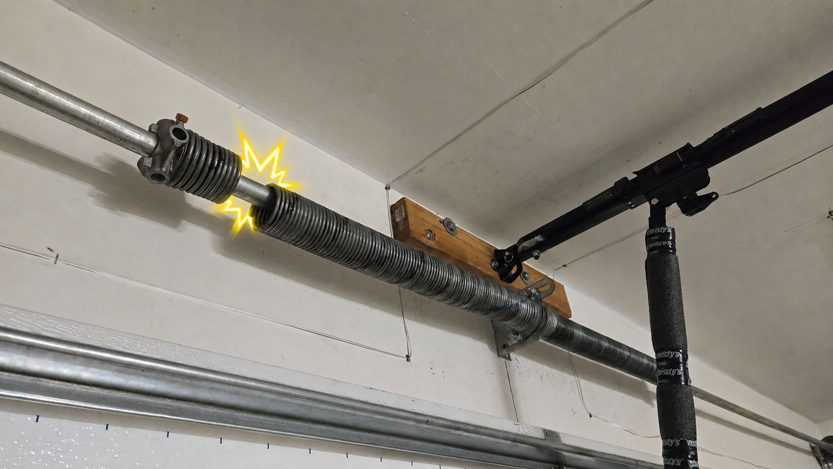 Broken torsion spring above a residential garage door before replacement