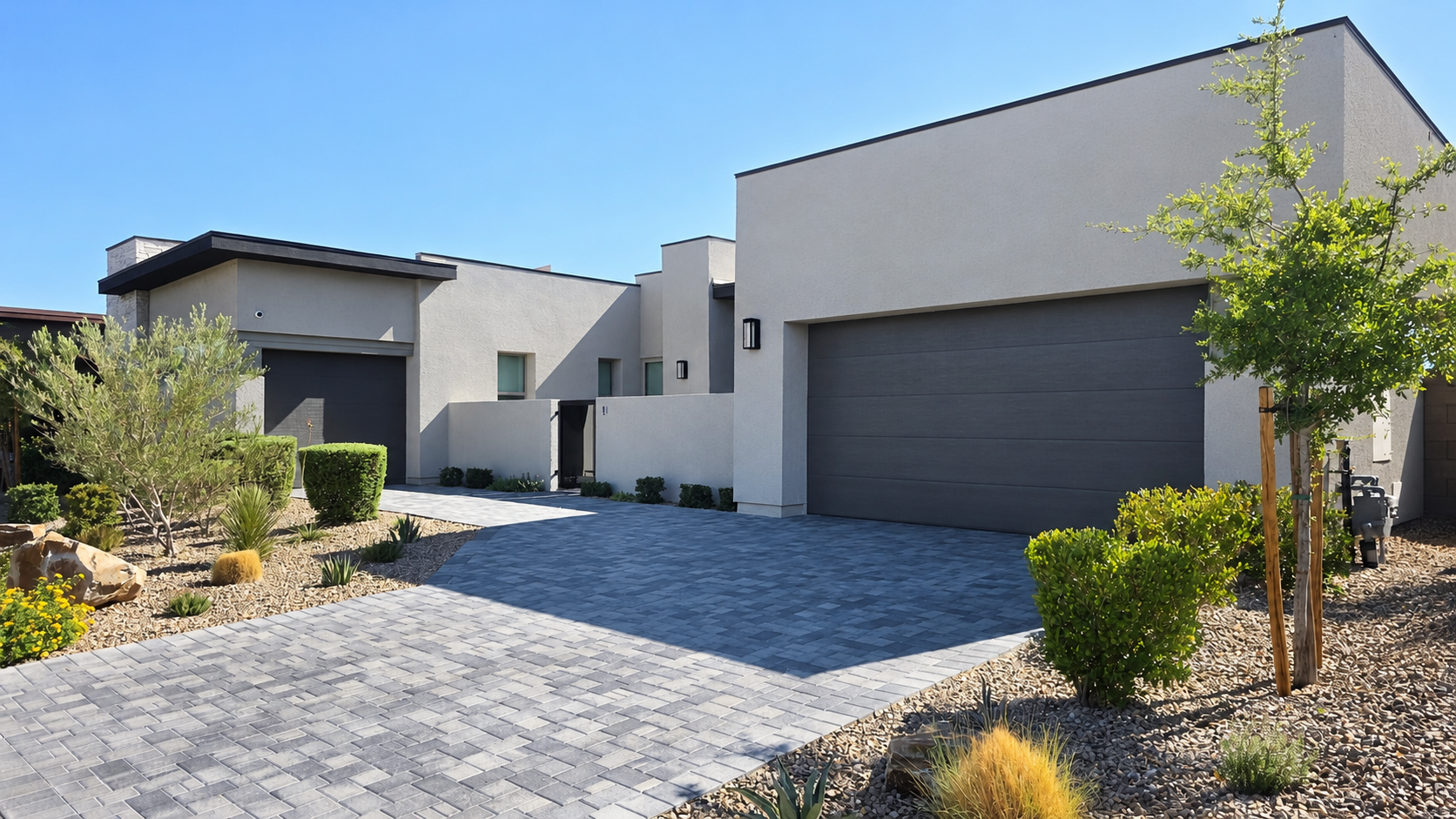Modern dark brown residential garage doors on a Las Vegas Valley home